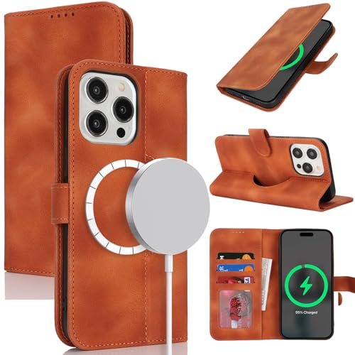 Zouzt Hülle für iPhone 13 Pro Max 6,7-Zoll für MagSafe, PU Leder Magnetisch Handyhülle 12 Pro Max Lederhülle Klapphülle mit Kartenhalter Standfunktion Flip Leather Wallet Cover (Vintage Hellbraun) von Zouzt