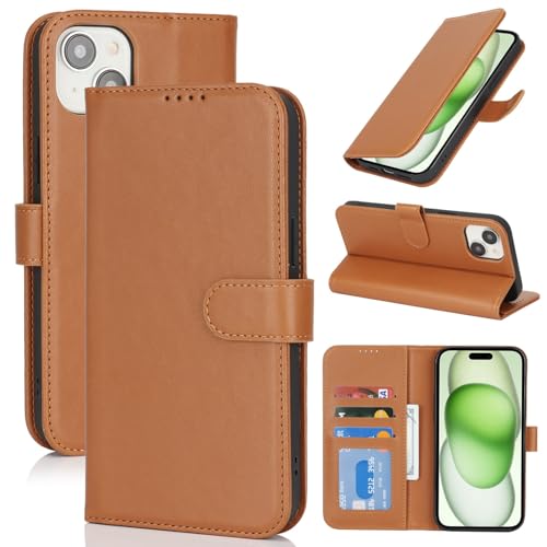 Zouzt Hülle für iPhone 15 6,1-Zoll, Stoßfestes PU Leder Handyhülle Lederhülle Klapphülle mit Kartenhalter und Standfunktion Flip Leather Wallet Phone Cover (Hellbraun) von Zouzt