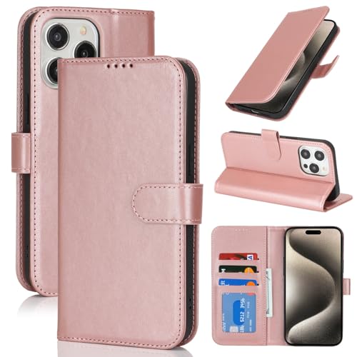 Zouzt Hülle für iPhone 15 Pro 6,1-Zoll, Stoßfestes PU Leder Handyhülle Lederhülle Klapphülle mit Kartenhalter und Standfunktion Flip Leather Wallet Phone Cover (Roségold) von Zouzt