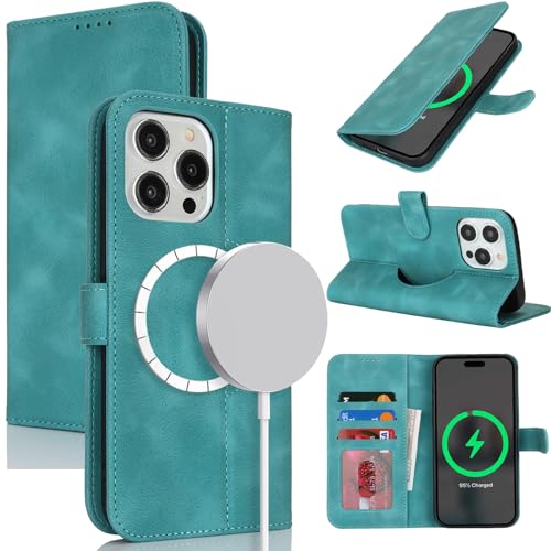 Zouzt Hülle für iPhone 15 Pro 6,1-Zoll für MagSafe, Stoßfestes PU Leder Magnetisch Handyhülle Lederhülle Klapphülle mit Kartenhalter Standfunktion Flip Leather Wallet Phone Cover (Vintage Grün) von Zouzt