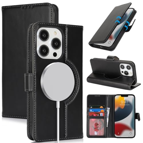 Zouzt Schutzhülle für iPhone 13 Pro, 15,5 cm (6,1 Zoll), echtes Leder, Brieftaschen-Schutzhülle mit Kartenhalter, für MagSafe magnetisches kabelloses Laden, Klappetui, Buchständer, stoßfest, für Damen von Zouzt