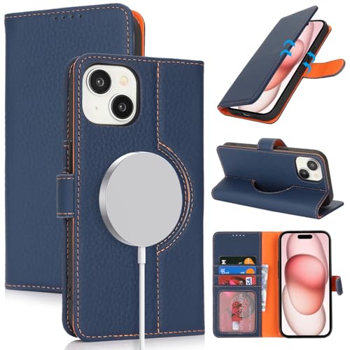 Zouzt Schutzhülle für iPhone 15 Plus, 17,7 cm (6,7 Zoll), echtes Leder, Brieftaschenformat, mit Kartenhalter, kompatibel mit MagSafe, magnetisch, kabelloses Laden, Klapphülle für Damen und Herren, von Zouzt