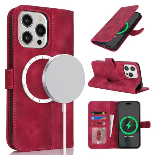 Zouzt Schutzhülle für iPhone 15 Pro (6,1 Zoll), [Kompatibel mit MagSafe] Magnetische PU-Leder-Brieftaschen-Schutzhülle mit Kartenhaltern und Ständer, kabelloses Laden, Klapphülle – Vintage-Rot von Zouzt