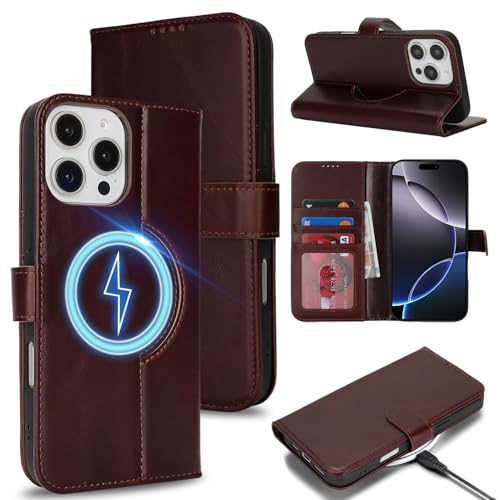 Zouzt Schutzhülle für iPhone 16 Pro Max 17,5 cm (6,9 Zoll), echtes Leder, Brieftaschen-Schutzhülle mit Kartenhalter, kompatibel mit MagSafe, magnetisch, kabelloses Laden, Klapphülle für Damen und von Zouzt