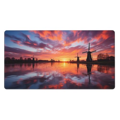 Gaming Mauspad XXL 1500x800X3MM, Sonnenuntergang Mousepad mit Vernähte Kanten, WassXerdicht Anti-Rutsch Mouse Pad Windmühle, für PC, MacBook, Laptop Verbessert Präzision und Geschwindigkeix, Büro Deko von Zsccvzlu