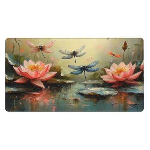 Mauspad Groß Libelle Schreibtischunterlage Groß 800x300x3mm XXL Mousepad Lotus Mouse pad Zubehör mit Anti Rutsch Basis Mouse Pad Wasserdicht und Langlebig, Gaming Zubehör für Home Zimmer Deko von Zsoxooll