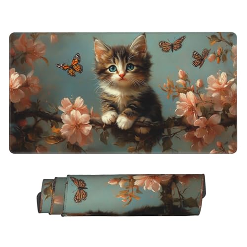 Mauspad Groß Katze Schreibtischunterlage Groß 800x300x3mm XXL Mousepad Schmetterling Mouse pad Zubehör mit Anti Rutsch Basis Mouse Pad Wasserdicht und Langlebig, Gaming Zubehör für Home Zimmer Deko von Zsoxooll