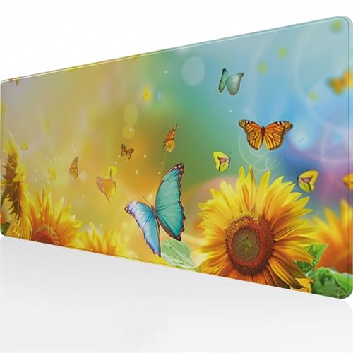 Gaming Mauspad XXL 800x300x2 mm Mousepad Groß Verlängertes Schreibtischunterlage mit rutschfeste Gummimatte und genähten Kanten für Tastatur, PC und Laptop (Schmetterling Sonnenblume) von Zuooyi