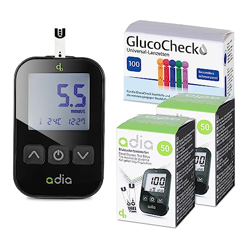 adia Maxi-Sparset zur Blutzucker-Selbstkontrolle bei Diabetes: adia Blutzuckermessgerät (mmol/L) + 110 Teststreifen + 110 Lanzetten + Stechhilfe + Tasche von adia