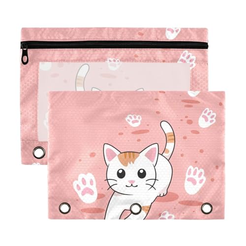 Federmäppchen mit Katzenmotiv und Fußabdrücken, mit transparenten Fensterringen, Federmäppchen in verschiedenen Farben, 3 Ringe für Klassenzimmer, Schule, Büro, mehrfarbig, 2 Stück Federmäppchen mit Katzenmotiv und Fußabdrücken, mit transparenten Fensterringen, Federmäppchen in verschiedenen Farben, 3 Ringe für Klassenzimmer, Schule, Büro, mehrfarbig, 2 Stück von aidingzhi