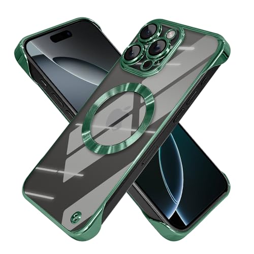 aidvaia Rahmenlose magnetische Handyhülle, kompatibel mit iPhone 16 Pro, klare, minimalistische Hülle, transparente klare Beschichtung, grünes rahmenloses Design, Linse schützt stoßfeste Hülle von aidvaia