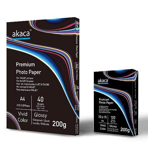 akaca Fotopapier Glänzend A4 (200g A4 | 40 Blatt + 200g 10x15 | 120 Blatt) Premium Glossy Photo Paper, Photopapier für alle Tintenstrahldrucker von akaca