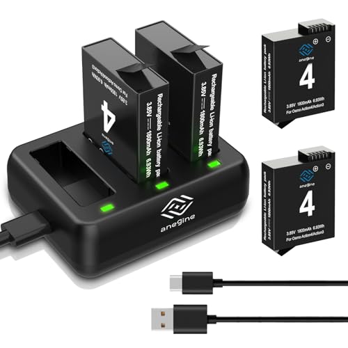 Anegine Osmo Action 4/3 Akku 1800mAh und DREI-Kanäle LED Ladegerät Kit mit USB Kabel für DJI Osmo Action 4 / DJI Osmo Action 3 (2er-Pack) von anegine