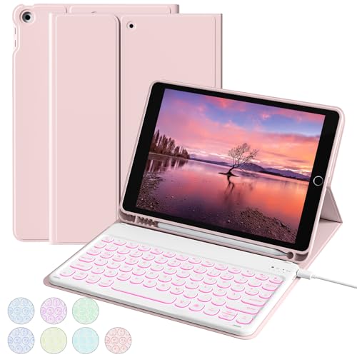 aoub Hülle mit Tastatur für iPad 9./ 8. / 7. Generation, Beleuchtete Tastatur mit Hülle für iPad 10,2 Zoll 2021/2020/2019, 7 Farben Beleuchtung, QWERTZ Layout, Rosa von aoub