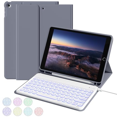 aoub Hülle mit Tastatur für iPad 9./ 8. / 7. Generation, Beleuchtete Tastatur mit Hülle für iPad 10,2 Zoll 2021/2020/2019, 7 Farben Beleuchtung, QWERTZ Layout, Violett von aoub