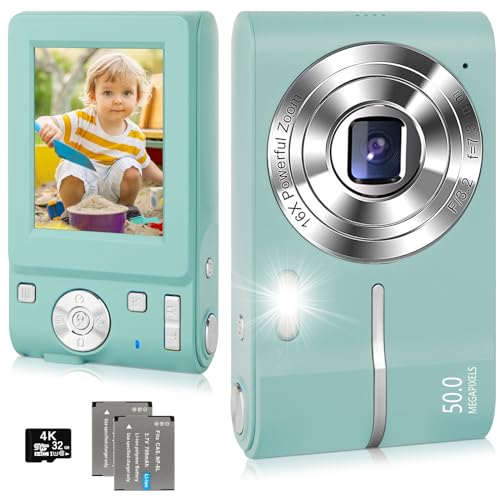 Digitalkamera 50MP 1080P HD Fotokamera mit 32GB Speicherkarte, Tragbare Kompaktkamera 16X Digitalzoom mit 2 Wiederaufladbaren Akkus, Fotoapparat für Kinder, Teenager, Jungen, Mädchen (Grün) von aquota