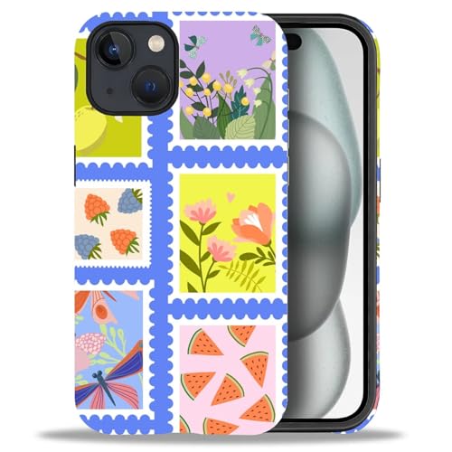 artslion 2 in 1 Cute Hülle für iPhone 15 6.1 Zoll, Stoßfest FallSchutz Handyhülle Bunte Stempel Sturzschutz Case von artslion