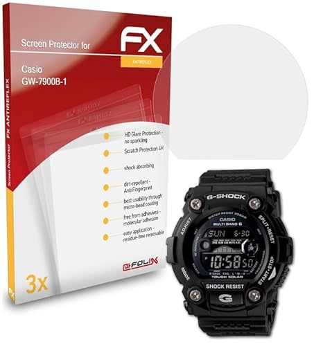 atFoliX Panzerfolie kompatibel mit Casio GW-7900B-1 Schutzfolie, entspiegelnde und stoßdämpfende FX Folie (3X) von atFoliX