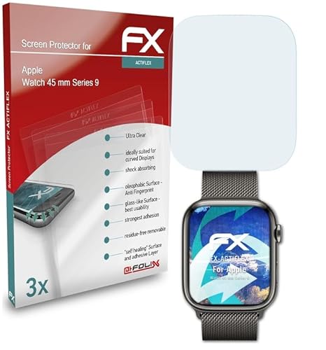 atFoliX Schutzfolie kompatibel mit Apple Watch 45 mm Series 9 Folie, ultraklare und flexible FX Displayschutzfolie (3X) von atFoliX