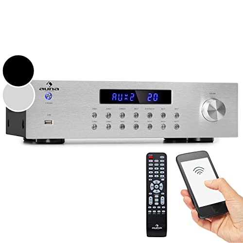 Auna Verstärker, HiFi Stereo Mini Verstärker, HiFi-Verstärker mit Bass & Treble Regler, 4 Kanal Audio-Verstärker, Stereo-Verstärker & Lautsprecher mit Fernbedienung & AUX Eingang, AV Receiver von auna