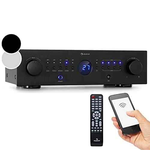 Auna Verstärker, HiFi Stereo Mini Verstärker, HiFi-Verstärker mit Bass & Treble Regler, 4 Kanal Audio-Verstärker, Stereo-Verstärker & Lautsprecher mit Fernbedienung & AUX Eingang, AV Receiver von auna