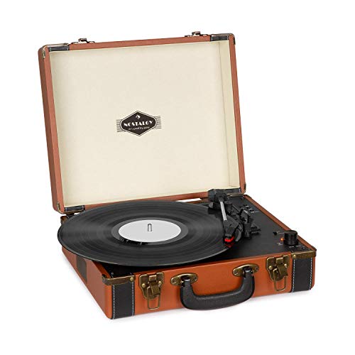 auna Jerry Lee Retro Plattenspieler - Schallplattenspieler mit Stereolautsprecher, Vinyl Player mit USB, Riemenantrieb in 3 Stufen, 33, 45, 78 U/min, 3 Plattengrößen, mit Bluetooth, Hellbraun von auna