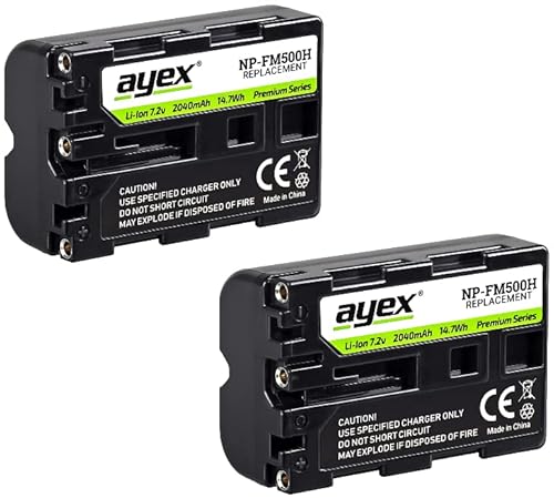 2 x ayex NP-FM500H, Qualitativer Premium-Akku, Kompatibel mit z.B. Sony Alpha SLT-A99 II A99 A77 A100 A500 A560 A700 A850 A900 - Leistungsstark für längere Laufzeit, Inkl. Infochip, 2040mAh von ayex