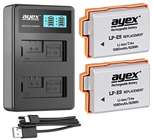 ayex Power-Paket mit 2X LP-E5 Akku + USB Dual-Ladegerät 100% kompatibel für zB Canon EOS 450D 500D 1000D Rebel Xsi T1i XS von ayex