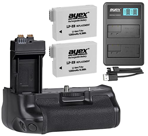 ayex Batteriegriff Kompatibel mit Canon EOS 700D 650D 600D 550D + 2X LP-E8 Akku + USB Dual-Ladegerät Akkugriff Zubehör Set ähnlich BG-E8 von ayex