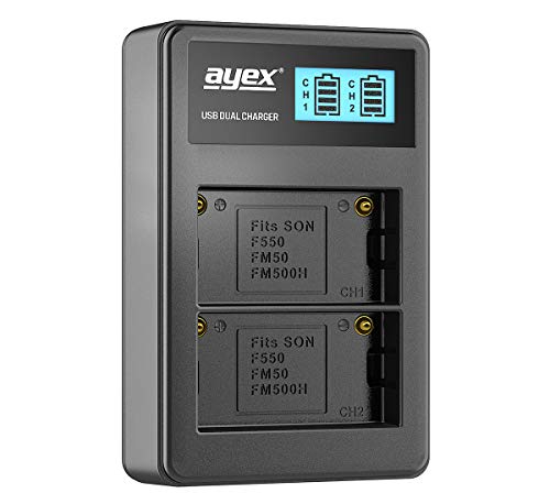 ayex Dual USB-Ladegerät Passend für Sony NP-F550 NP-FM550H NP-FM50 Akkus Lädt über USB Netzstecker, Laptop, Power Bank oder PC mit beleuchteten LCD-Display und Ladestandanzeige von ayex