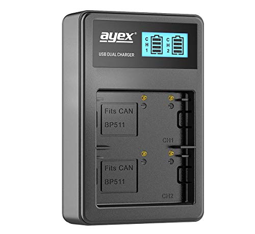 ayex USB Dual Ladegerät Kompatibel mit Canon BP-511a Akkus für zB EOS 5D 20D 30D 40D 300D Lädt per USB zB an Laptop & Powerbank mit LCD-Ladestandanzeige von ayex