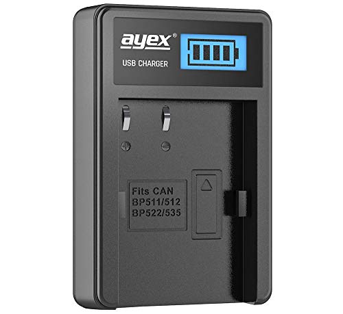 ayex USB Ladegerät Kompatibel mit Canon BP-511a Akkus für zB EOS 5D 20D 30D 40D 300D Lädt per USB-C zB an Laptop & Powerbank mit LCD-Ladestandanzeige von ayex