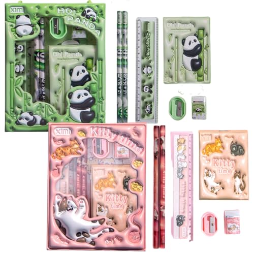 azttior 12 stück Combino Schulset - Inklusive Bleistifte, Radiergummi, Lineal, Anspitzer und Mini Schere - Geschenk zur Einschulung für Schulanfang mit süßem Schulbedarf (Bunte Panda,Kawaii Katzen) von azttior