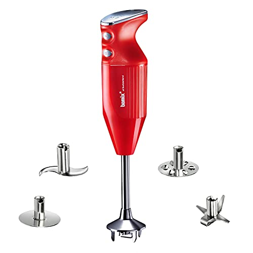 bamix Stabmixer Set M350 MAXX inkl. Multifunktions-, Fleisch-, Gemüsemesser, Quirl, Schlagscheibe aus Edelstahl, 350 Watt, 2-Stufen, Made in Switzerland, Rot/Chrom von bamix