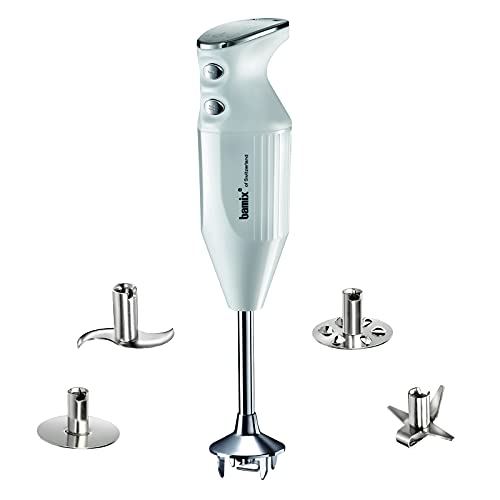 bamix Stabmixer Set M350 MAXX inkl. Multifunktions-, Fleisch-, Gemüsemesser, Quirl, Schlagscheibe aus Edelstahl, 350 Watt, 2-Stufen, Made in Switzerland, Weiß/Chrom von bamix