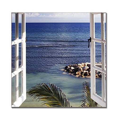 banjado® Glas Magnettafel mit 4 Magneten - Magnetwand 50x50cm mit Motiv Fensterpanorama - Memoboard/Pinnwand magnetisch, beschreibbar, perfekt für die Küche - Magnetboard auch als Wandbild/Wandtafel von banjado