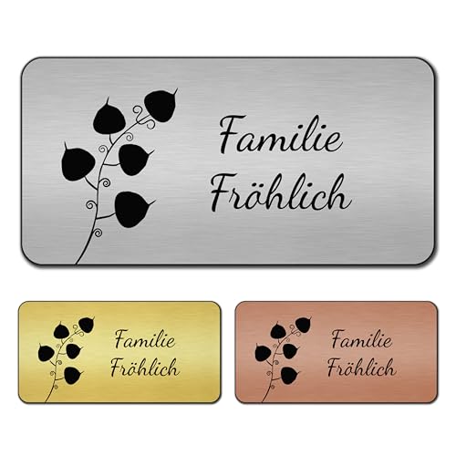 banjado® Türschild Bronze personalisiert/Graviertes Klingelschild selbstklebend oder als Namensschild Briefkasten versch. Größen & Designs/Hausschild personalisiert für Draußen mit Namen Laub von banjado