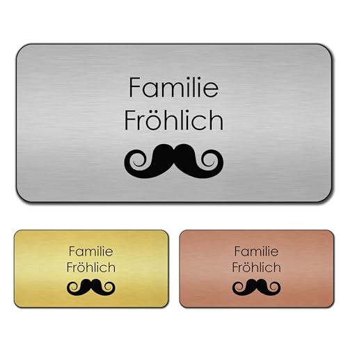 banjado® Türschild Gold personalisiert/Graviertes Klingelschild selbstklebend oder als Namensschild Briefkasten versch. Größen & Designs/Hausschild personalisiert für Draußen mit Namen Schnurrbart von banjado