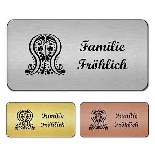 banjado® Türschild Silber personalisiert/Graviertes Klingelschild selbstklebend oder als Namensschild Briefkasten versch. Größen & Designs/Hausschild personalisiert für Draußen mit Namen Ornament von banjado