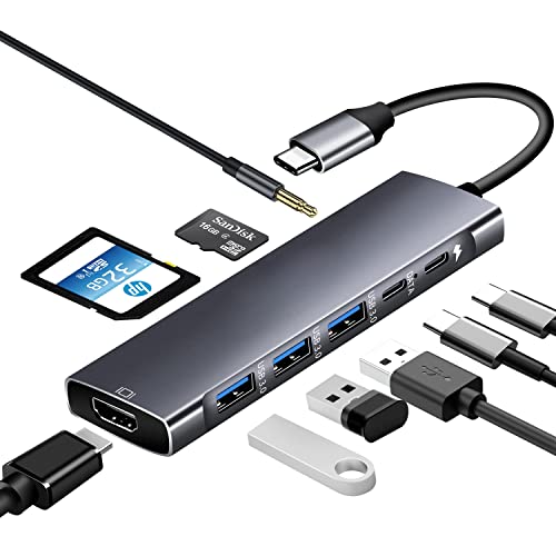 USB-C-Hub 9-in-1,Typ C-Hub mit 4K HDMI, 1 USB 3.0/2 USB 2.0, USB-C-Datenanschluss, 100 W PD, Micro-SD-/SD-Kartenleser und 3,5 mm Audio für MacBook Pro, iPad Pro, XPS und Typ C-Geräte/Laptop von baolongking