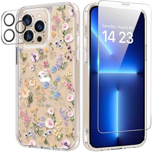 bicol Schutzhülle für iPhone 14 Pro, mit Displayschutzfolie und Kameraobjektivschutz, modisches Blumendesign, für Damen und Mädchen, stoßfest, Acryl, transparent, 15,5 cm (6,1 Zoll), Motiv: Blühende von bicol