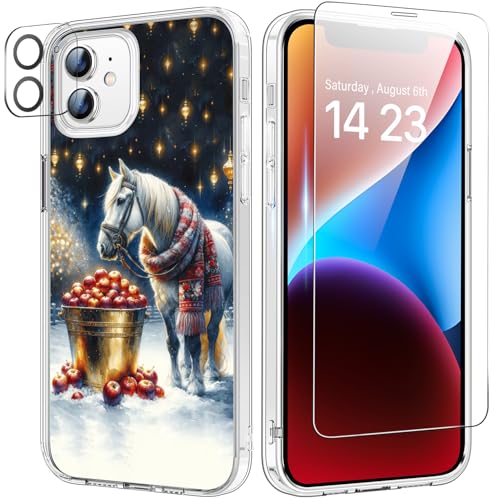 bicol Weihnachts-Handyhülle für iPhone 12 Mini, mit Bildschirmschutz und Kameraobjektivschutz, transparent, Acryl, stoßfest, 13,7 cm (5,4 Zoll), Weihnachtspferd und Apfel von bicol