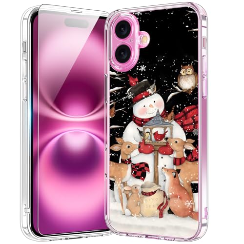 bicol Weihnachts-Handyhülle für iPhone 16 Plus, mit Displayschutzfolie und Kameraobjektivschutz, kabelloses Laden, schlanke, stoßfeste Acryl-Schutzhülle, transparent, für Damen und Mädchen, Schneemann von bicol