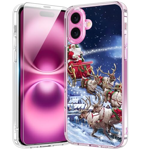 bicol Weihnachts-Handyhülle für iPhone 16 Plus, mit Displayschutzfolie und Kameraobjektivschutz, kabelloses Laden, schlanke, stoßfeste Acryl-Schutzhülle, transparent, für Frauen und Mädchen, von bicol