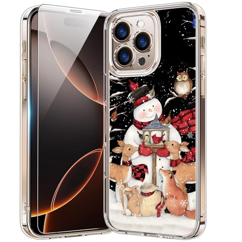 bicol Weihnachts-Handyhülle für iPhone 16 Pro, mit Displayschutzfolie und Kameraobjektivschutz, kabelloses Laden, schlanke, stoßfeste Acryl-Schutzhülle, transparent, für Damen und Mädchen, Schneemann von bicol