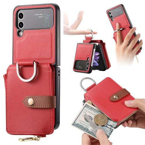 Telefon-Bildschirmschutz Wallet Case kompatibel mit Samsung Galaxy Z Flip 4 Hülle Premium PU Leder Wallet Flip Cover mit Kartenfächern Case stoßfeste Schutzhülle mit Ring Compatible with Samsung Z Fli von bigcgreen