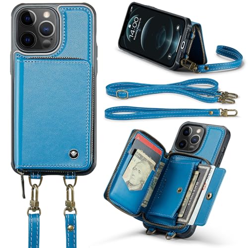 Telefonschutz For iPhone 12 Pro Wallet Case mit 【RFID-Blockierung】 Kartenhalter, magnetischer abnehmbarer Lederhülle, Wallet Case mit Ständer, stoßfeste Schutzhülle mit Handschlaufe Telefonzubehör(Blu von bigcgreen