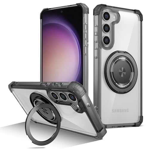 Telefonschutz Kompatibel mit Samsung Galaxy S23 Plus Hülle, kristallklar, um 360° drehbar, magnetischer Ringständer, [vergilbt nicht], [erhöhter Kamerarahmen], stoßfeste Handyhülle Telefonzubehör(Blac von bigcgreen