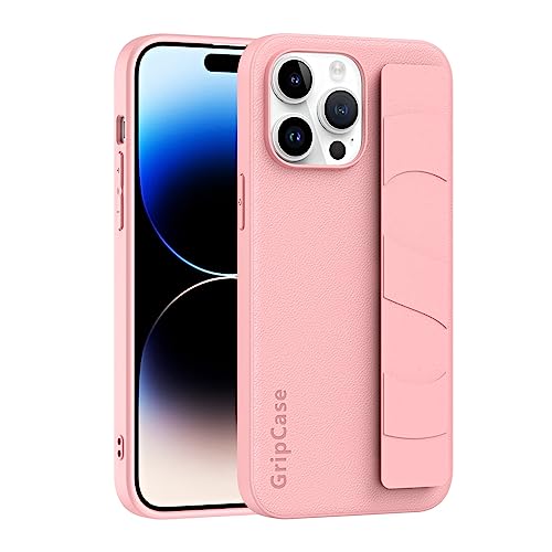 Telefonschutz Premium-PU-Leder-Grip-Kickstand-Hülle, kompatibel mit iPhone 14 Pro Max, schützende Handyhülle mit Fingerschlaufe, Handheld-Design, PC, stoßfeste Standhülle Telefonzubehör(Pink) von bigcgreen