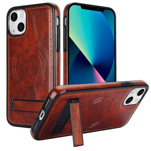 bigcgreen Telefonschutz Kompatibel mit iPhone 14, PU-Leder Wireless Charging Magnetische Hülle, versteckter Ständer, robuste, stoßfeste 360-Grad-Schutzhülle Telefonzubehör (Color : Dark Brown) von bigcgreen